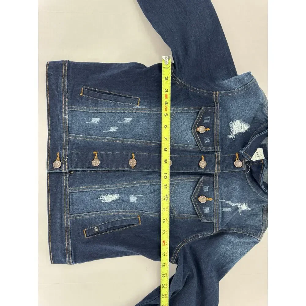 Jvini Denim Jacket Women’s Sz M Dark Wash Distressed Button Pockets Casual - Picture 9 of 14